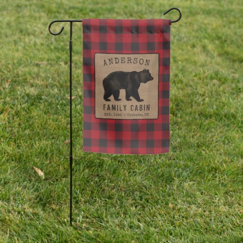 Bear Family Cabin Red Buffalo Plaid Burlap Garden Flag