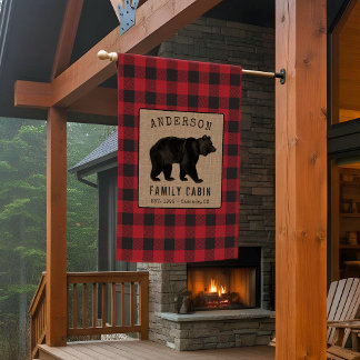 Bear Family Cabin Red Buffalo Plaid Burlap House Flag