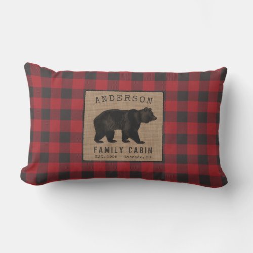 Bear Family Cabin Red Buffalo Plaid Burlap Outdoor Lumbar Pillow