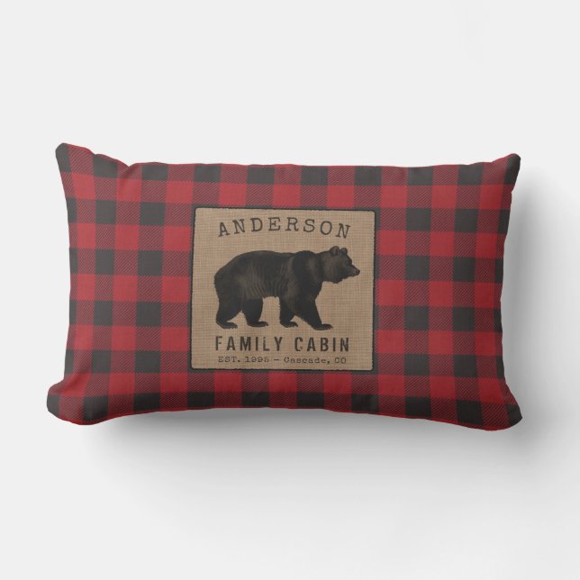 Bear Family Cabin Red Buffalo Plaid Burlap Outdoor Lumbar Pillow (Front)