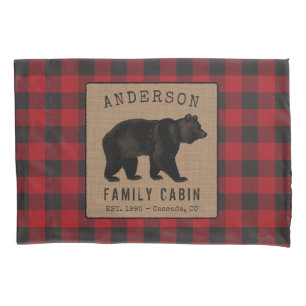 Bear Family Cabin Red Buffalo Plaid Burlap Pillow Case
