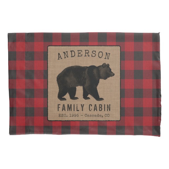 Bear Family Cabin Red Buffalo Plaid Burlap Pillow Case (Front)