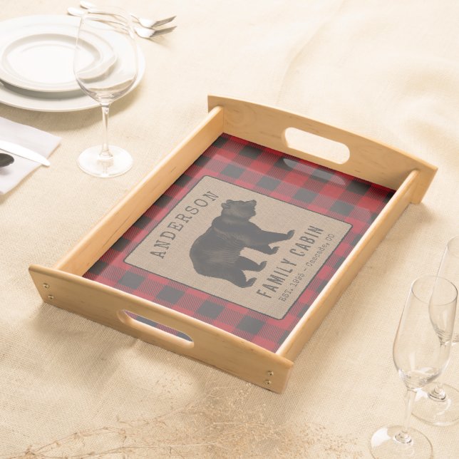 Bear Family Cabin Red Buffalo Plaid Burlap Serving Tray (Front)