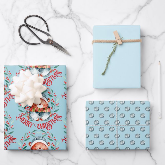 Bear family Merry Christmas blue red Wrapping Paper Sheets (Front)