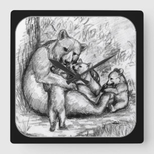 Bear Family Square Wall Clock