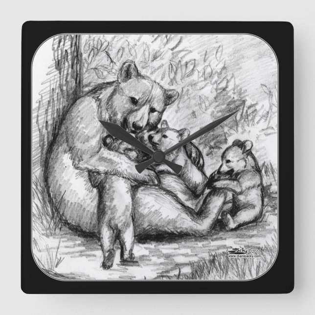 Bear  Family Square Wall Clock (Front)