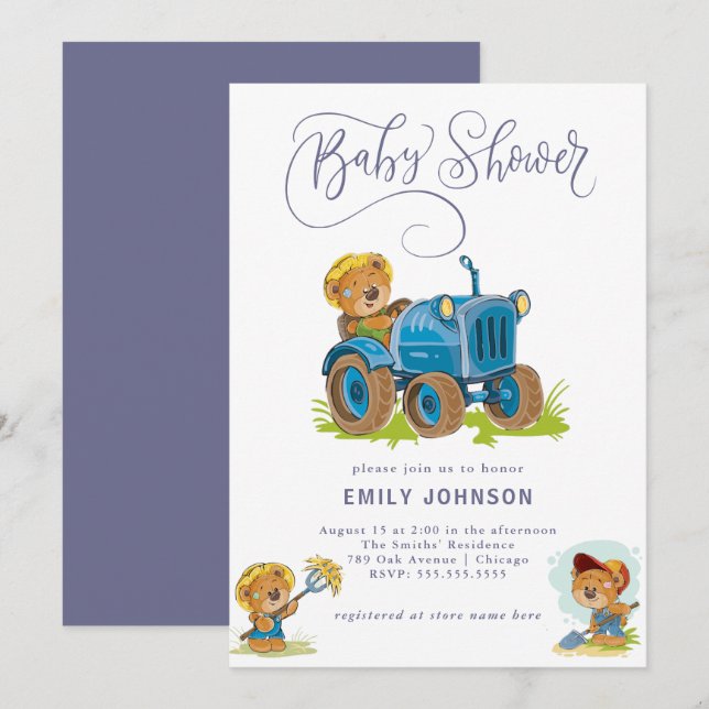 Bear Farm Tractor Baby Shower Invitation (Front/Back)