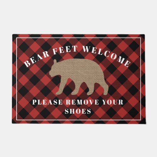Bear Feet Welcome Remove Shoes Buffalo Plaid Doormat