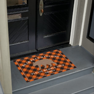 Bear Feet Welcome Remove Shoes Orange Plaid Doormat