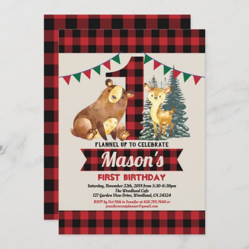 Bear first birthday buffalo red flannel lumberjack invitation