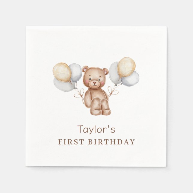 Bear First Birthday Forest Animals Paper Napkins (Front)