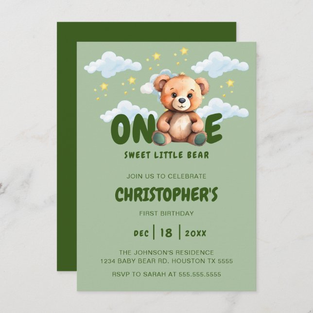 Bear First Birthday Invitation (Front/Back)