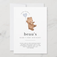 Bear First Birthday Invitation Blue Heart Balloon