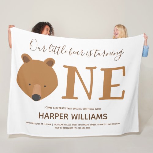 Bear First Birthday Invitation Keepsake Fleece Blanket