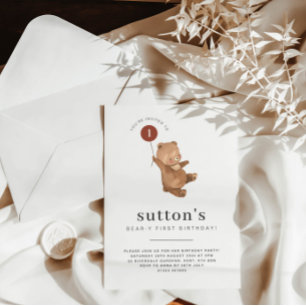 Bear First Birthday Invitation Rust Balloon