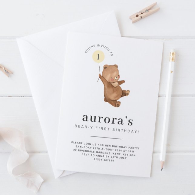 Bear First Birthday Invitation Yellow Balloon (Creator Uploaded)