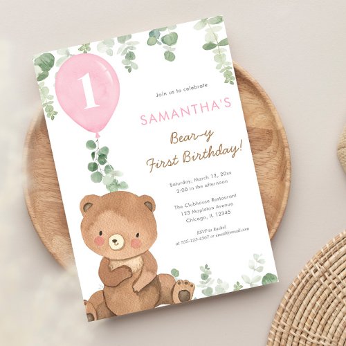 Bear first birthday pink greenery girl balloons invitation