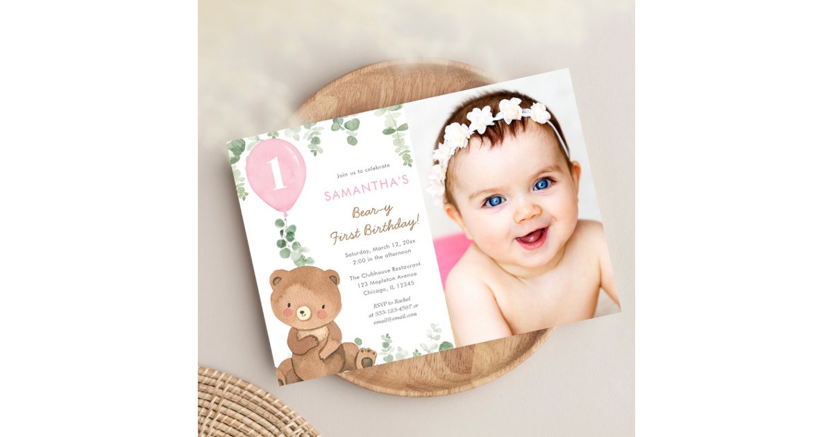 Bear first birthday pink greenery girl balloons invitation | Zazzle