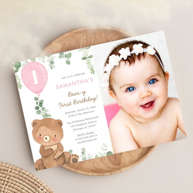 Bear first birthday pink greenery girl balloons invitation (Creator Uploaded)