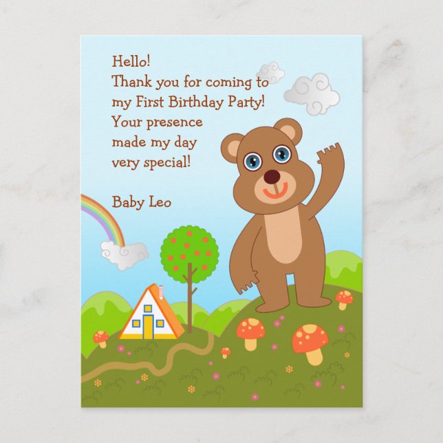 Bear First Birthday Thank You note Postcard (Front)