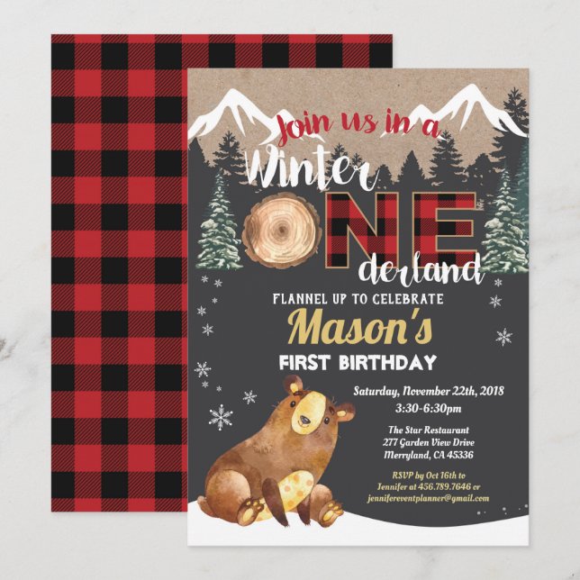 Bear first birthday winter onederland red flannel invitation (Front/Back)