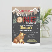 Bear first birthday winter onederland red flannel invitation (Standing Front)