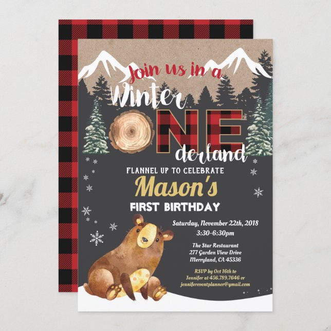 Bear first birthday winter onederland red flannel invitation (Front/Back)
