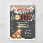 Bear first birthday winter onederland red flannel invitation (Front)
