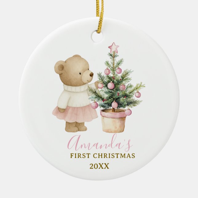 Bear First Christmas Keepsake for Baby Girl Ceramic Ornament (Front)