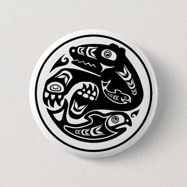 Bear & Fish Native American Design Pinback Button (Front)