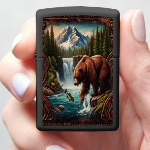 Bear Fishing by Waterfall Zippo Lighter