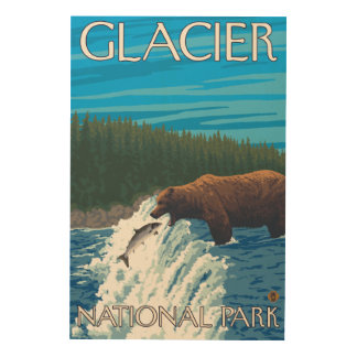 Bear Fishing in River - Glacier National Park, Wood Wall Decor