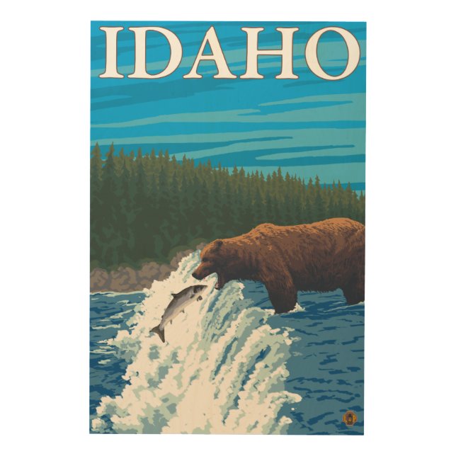 Bear Fishing in River - Idaho Wood Wall Art (Front)