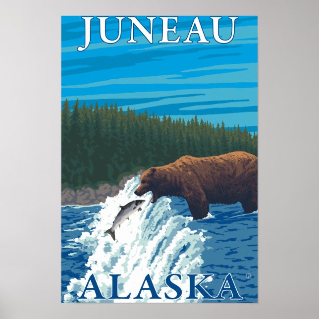Bear Fishing in River - Juneau, Alaska Poster (Front)