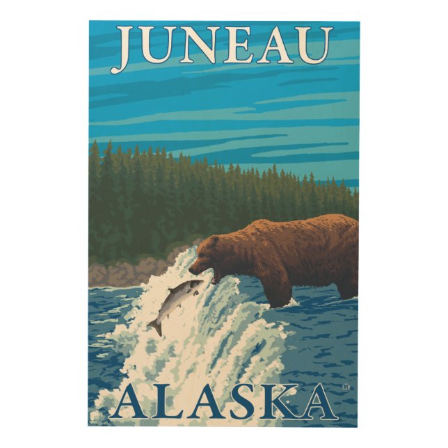 Bear Fishing in River - Juneau, Alaska Wood Wall Decor (Front)