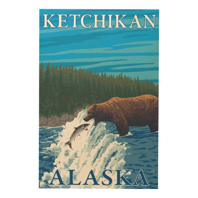 Bear Fishing in River - Ketchikan, Alaska Wood Wall Decor (Front)