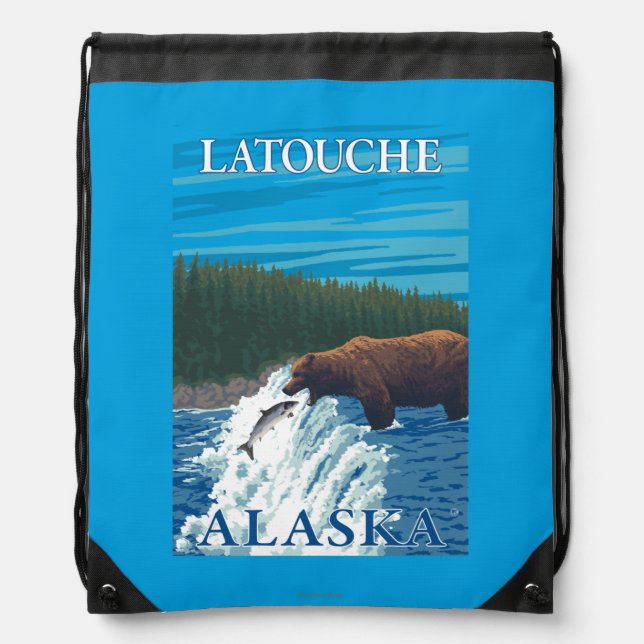 Bear Fishing in River - Latouche, Alaska Drawstring Bag (Front)