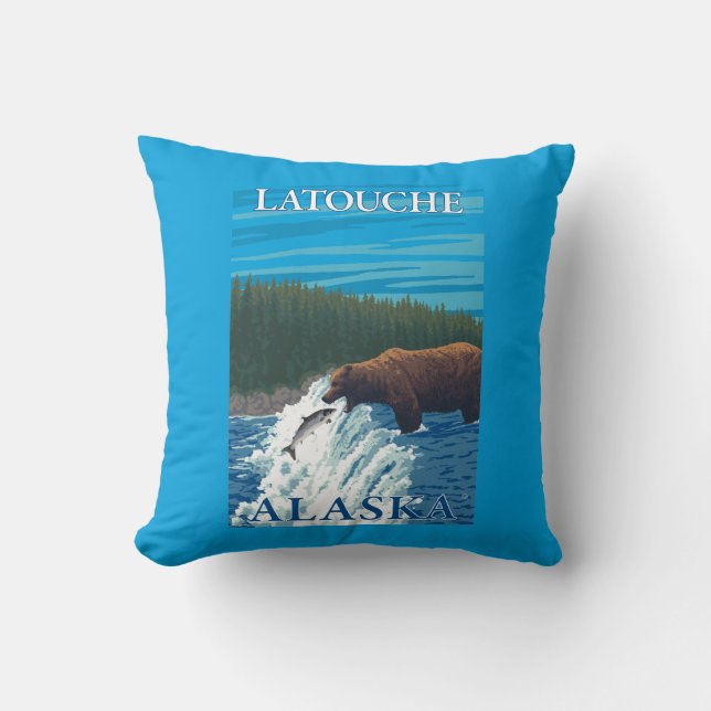 Bear Fishing in River - Latouche, Alaska Throw Pillow (Front)