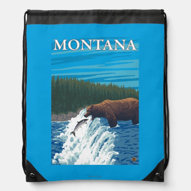 Bear Fishing in River - Montana Drawstring Bag (Front)