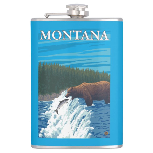 Bear Fishing in River - Montana Hip Flask (Front)