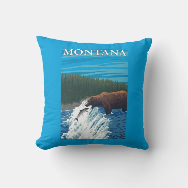 Bear Fishing in River - Montana Throw Pillow (Front)