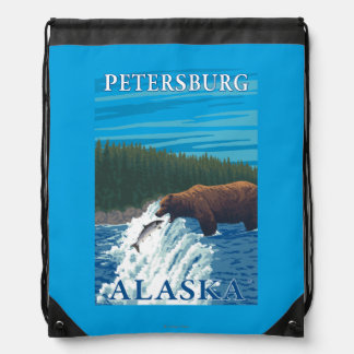 Bear Fishing in River - Petersburg, Alaska Drawstring Bag