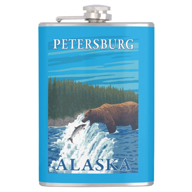 Bear Fishing in River - Petersburg, Alaska Hip Flask (Front)
