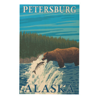 Bear Fishing in River - Petersburg, Alaska Wood Wall Art