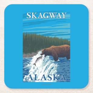 Bear Fishing in River - Skagway, Alaska Square Paper Coaster