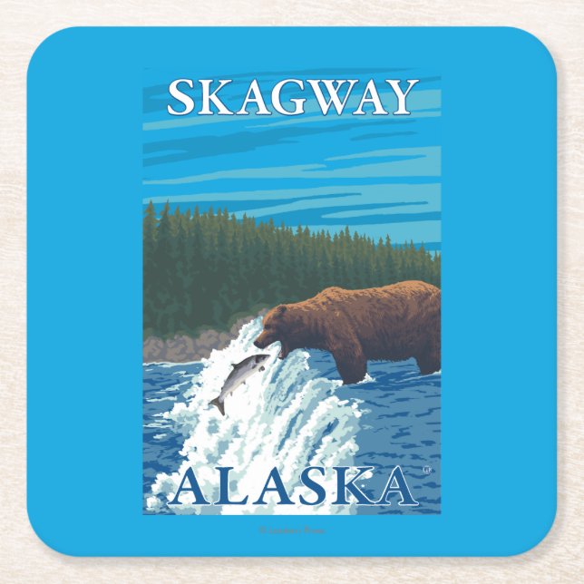 Bear Fishing in River - Skagway, Alaska Square Paper Coaster (Front)
