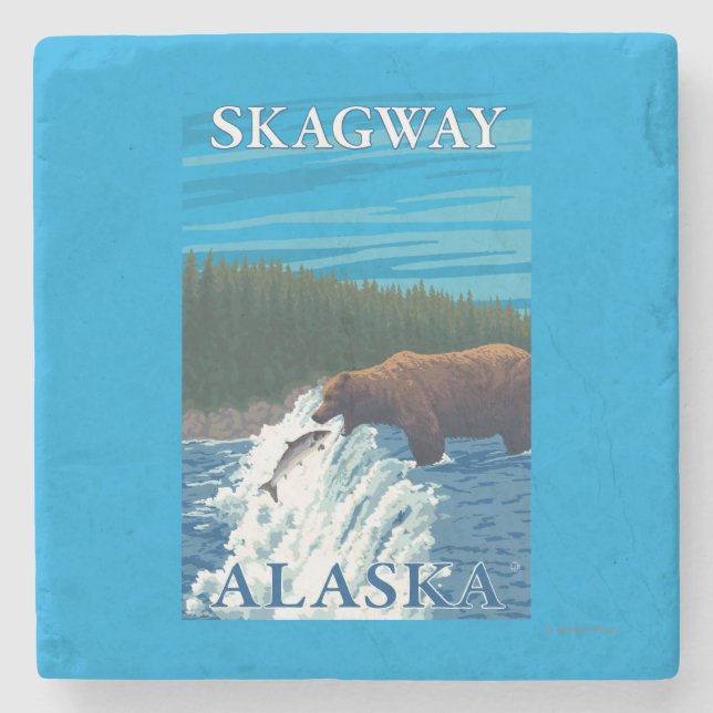 Bear Fishing in River - Skagway, Alaska Stone Coaster (Front)