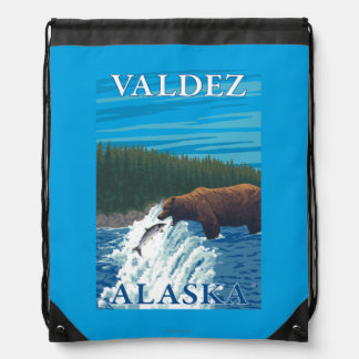 Bear Fishing in River - Valdez, Alaska Drawstring Bag