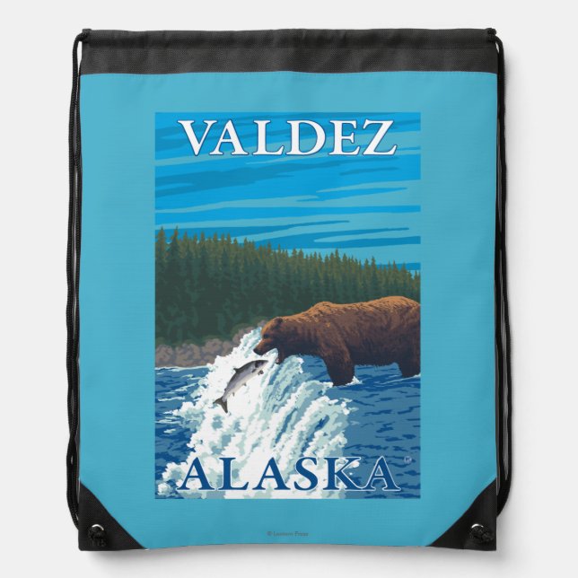 Bear Fishing in River - Valdez, Alaska Drawstring Bag (Front)