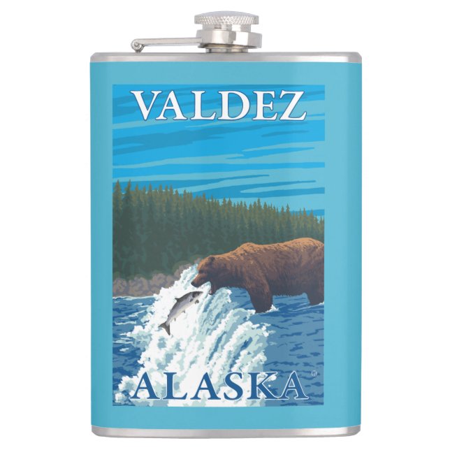 Bear Fishing in River - Valdez, Alaska Flask (Front)